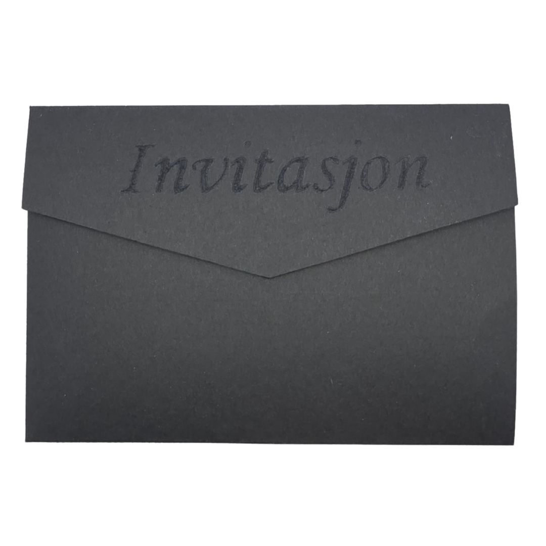 Lommeinvitasjon “Sort Eleganse” – invitasjon + meny + RSVP (QR)