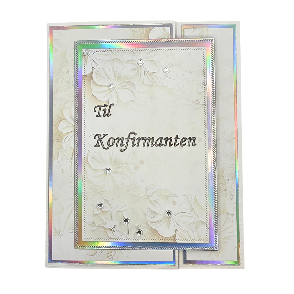 Håndlaget konfirmasjonskort – “Til Konfirmanten” (hvit/blomstermotiv med holografiske detaljer)+
