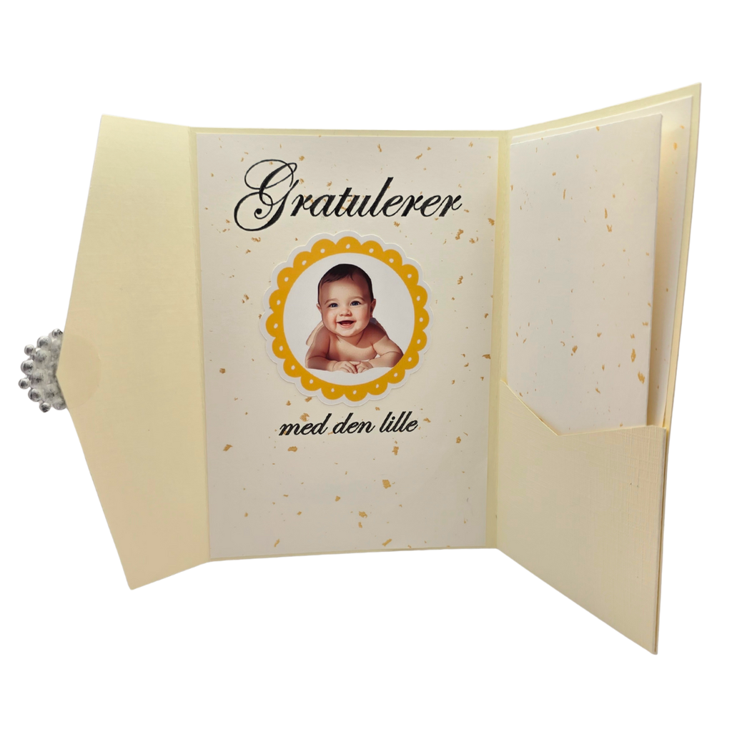 Dåpskort “Krem & Gull” – håndlaget med lomme