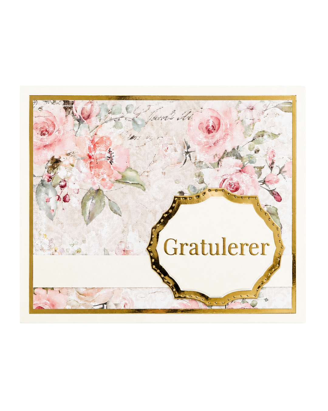 Gratulerer-kort i Elegant-serien – romantiske roser & gull (15 x 11 cm)