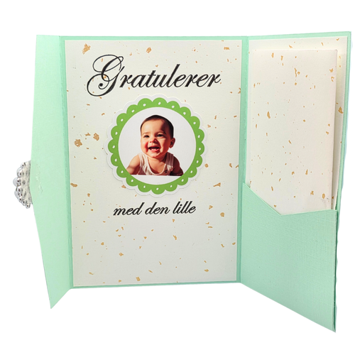 Dåpskort “Grønn & Gull” – håndlaget med lomme (mintgrønn)