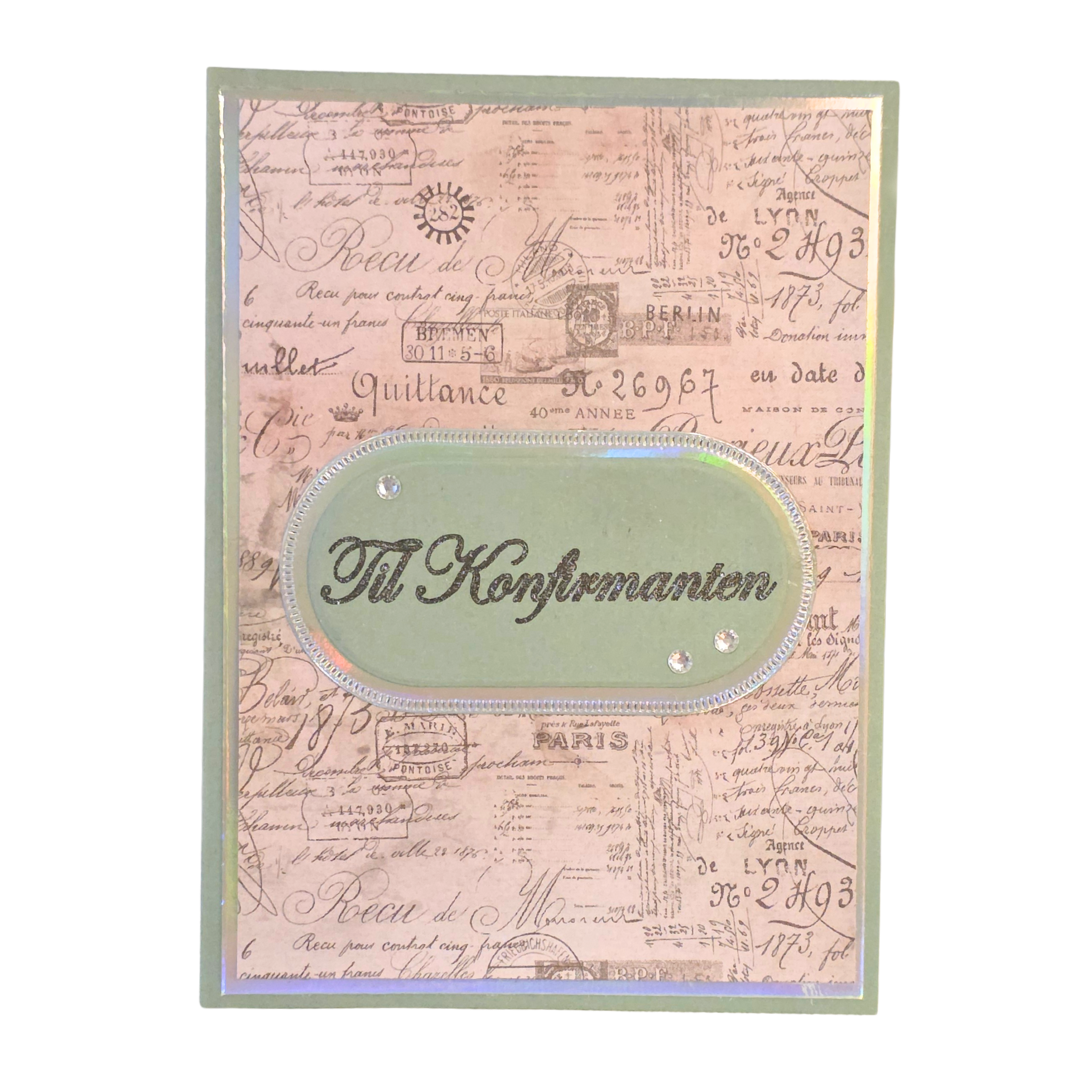 Håndlaget konfirmasjonskort – “Til Konfirmanten” (vintage post/tekst + holografiske detaljer)