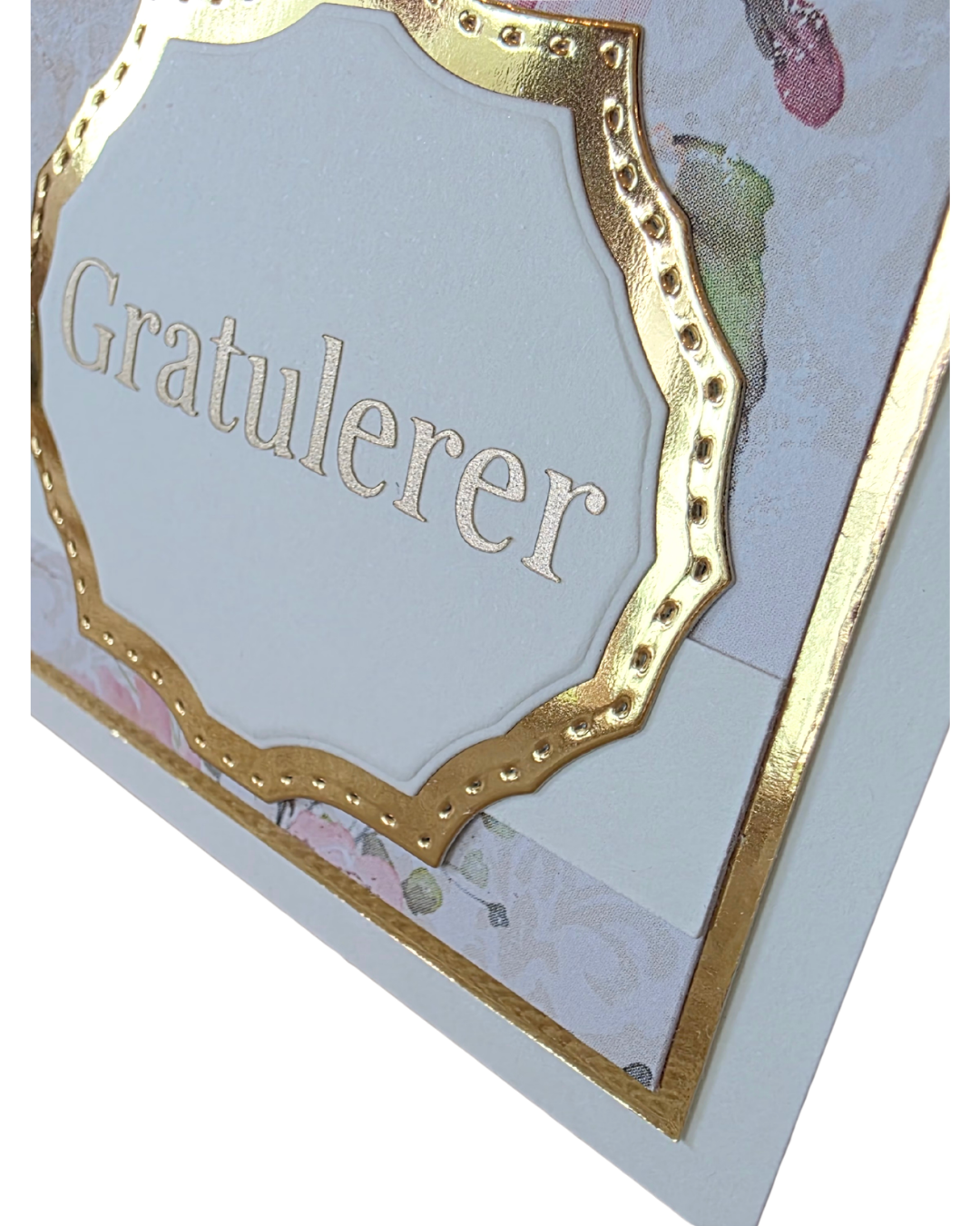 Gratulerer-kort i Elegant-serien – romantiske roser & gull (15 x 11 cm)
