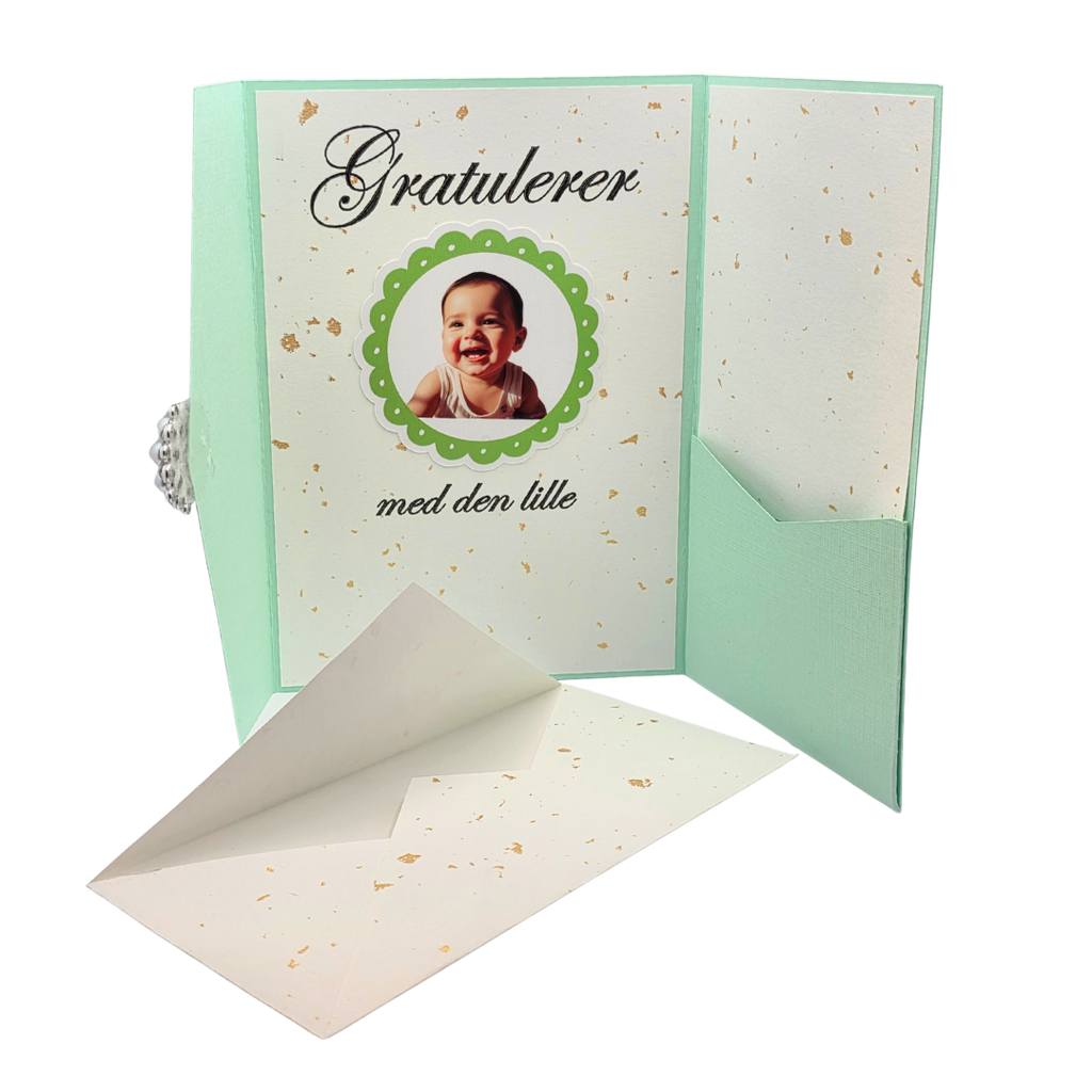 Dåpskort “Grønn & Gull” – håndlaget med lomme (mintgrønn)