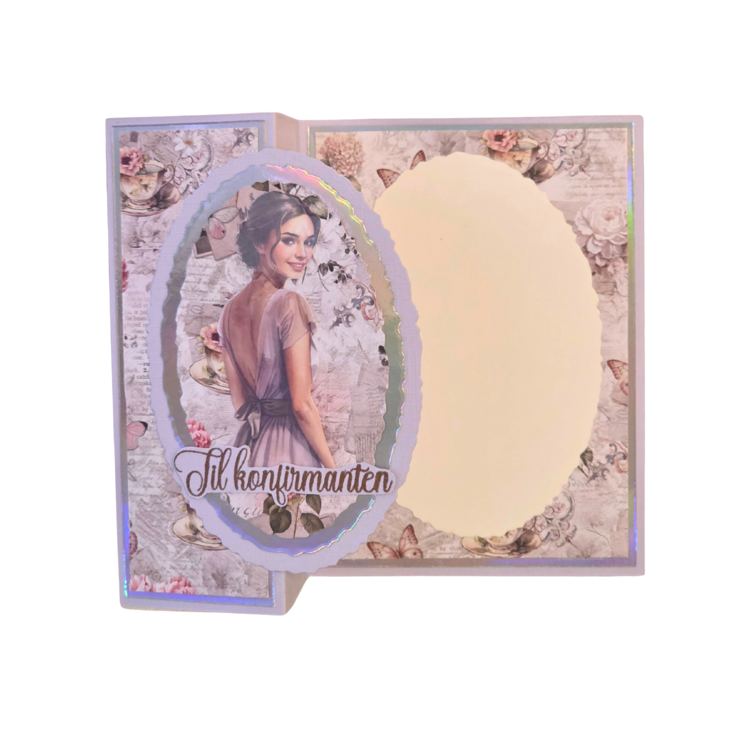 Håndlaget konfirmasjonskort til jente – “Til konfirmanten” (romantisk vintage + holografiske detaljer)