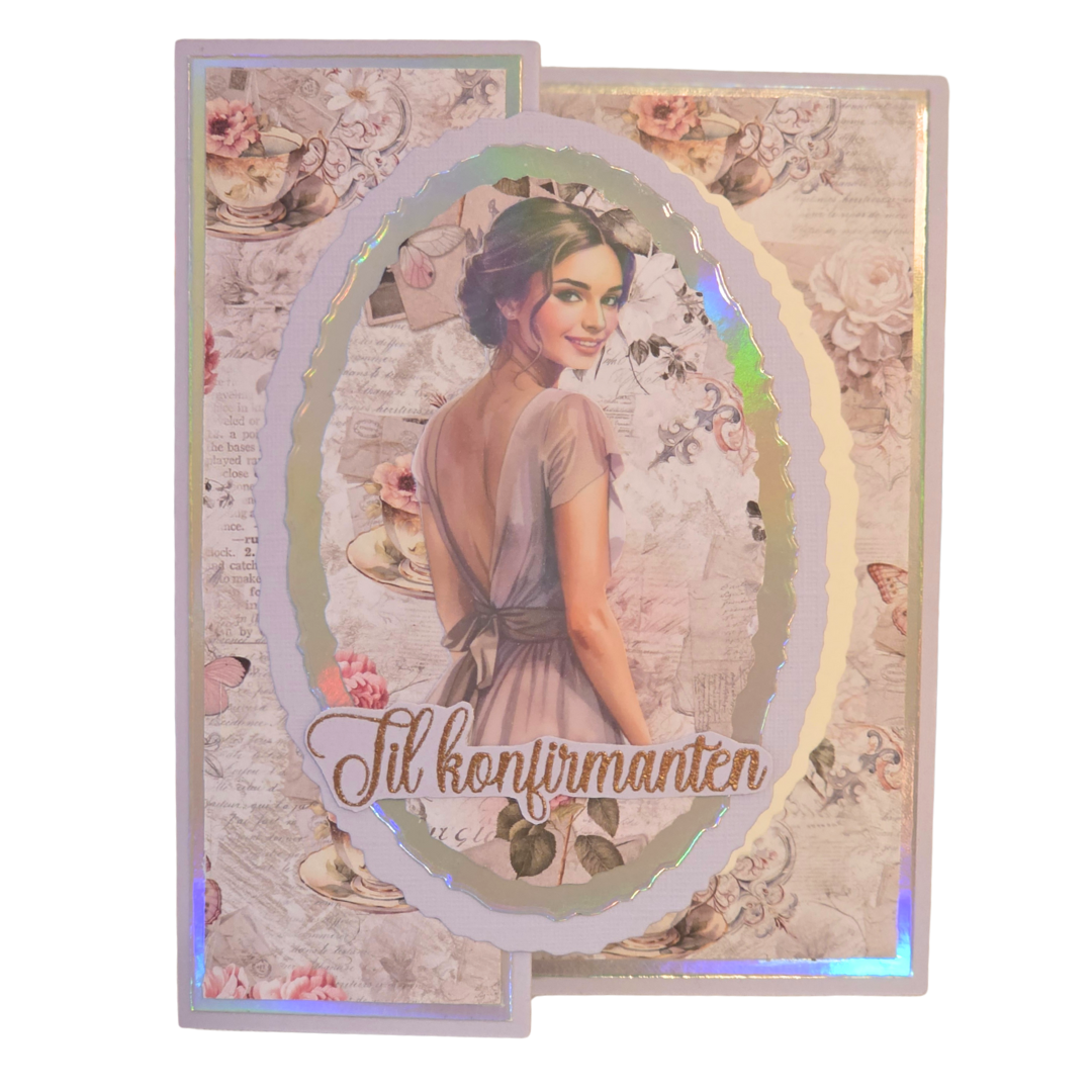 Håndlaget konfirmasjonskort til jente – “Til konfirmanten” (romantisk vintage + holografiske detaljer)
