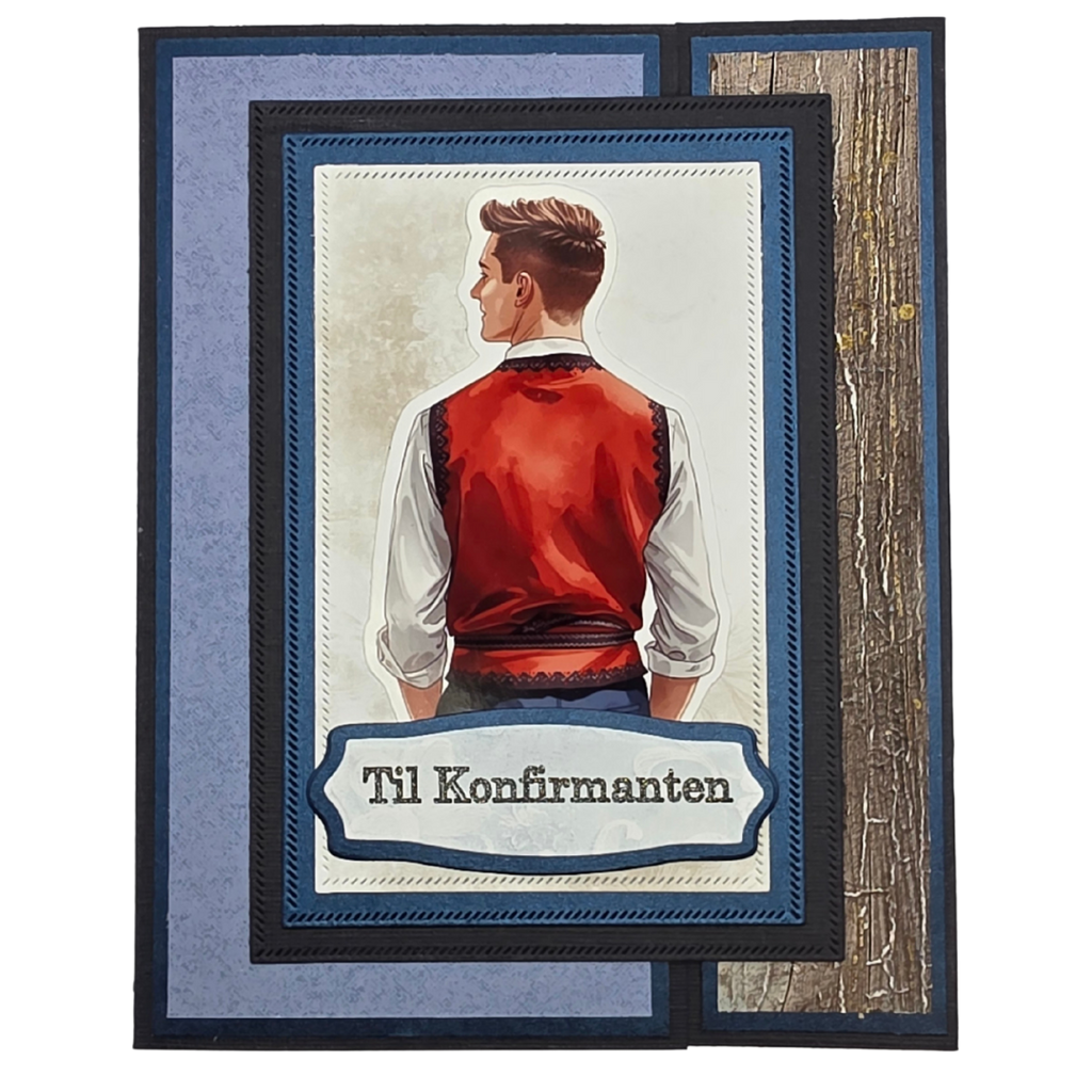 Håndlaget konfirmasjonskort – “Til Konfirmanten” (blå/sort med røde detaljer, moderne stil)