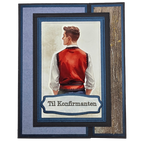 Håndlaget konfirmasjonskort – “Til Konfirmanten” (blå/sort med røde detaljer, moderne stil)