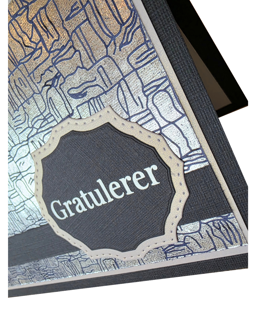 Gratulerer-kort i Elegant-serien – grafittgrå & sølvmønster (15 x 11 cm)