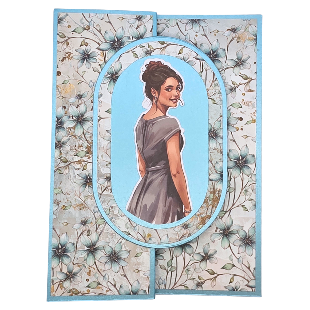 Håndlaget kort med blomsterdesign (blåtoner) – 3D-oval motiv