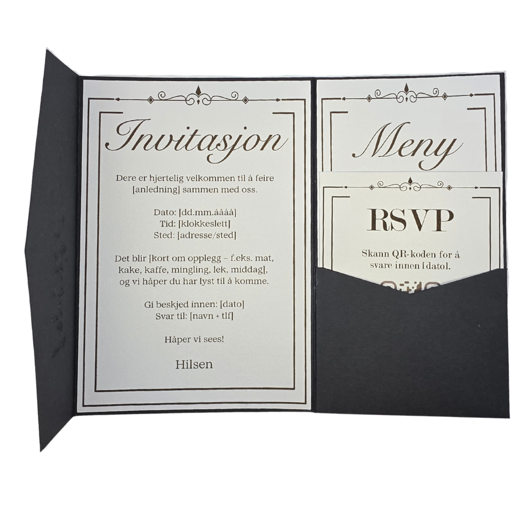 Lommeinvitasjon “Sort Eleganse” – invitasjon + meny + RSVP (QR)