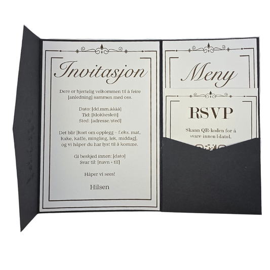 Lommeinvitasjon “Sort Eleganse” – invitasjon + meny + RSVP (QR)