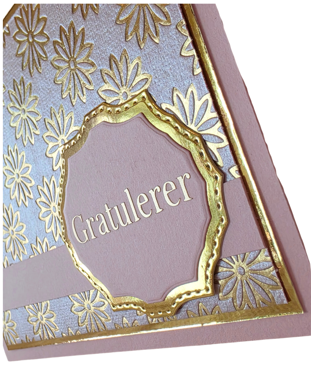Gratulerer-kort i Elegant-serien – rosa & gullblomster (15 x 11 cm)