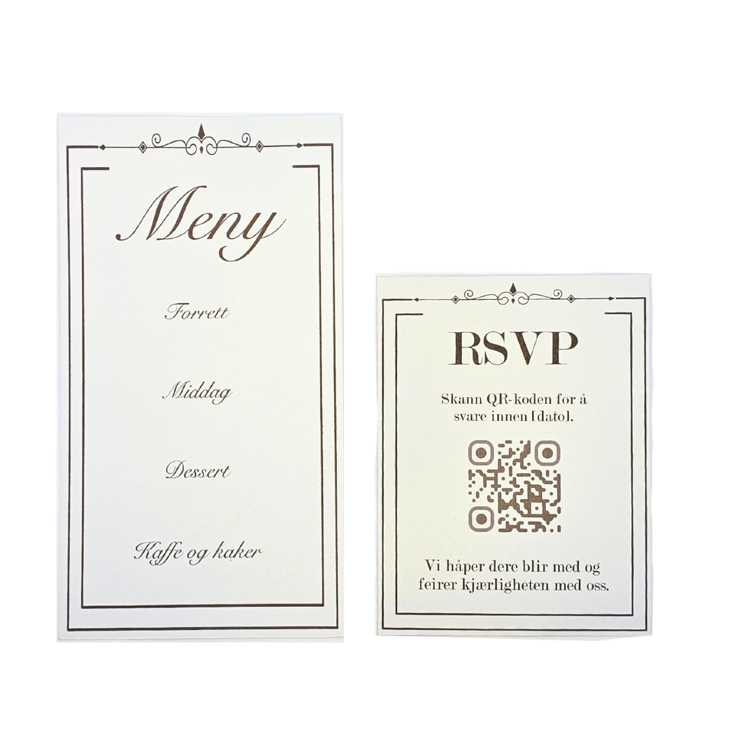 Lommeinvitasjon “Sort Eleganse” – invitasjon + meny + RSVP (QR)