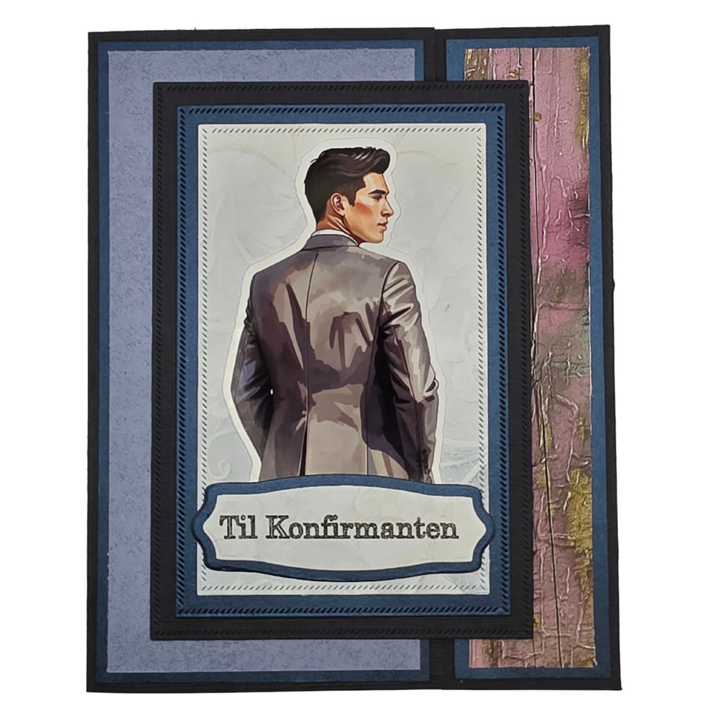 Håndlaget konfirmasjonskort – “Til Konfirmanten” (blå/sort med rosa/gull-detaljer, moderne stil)