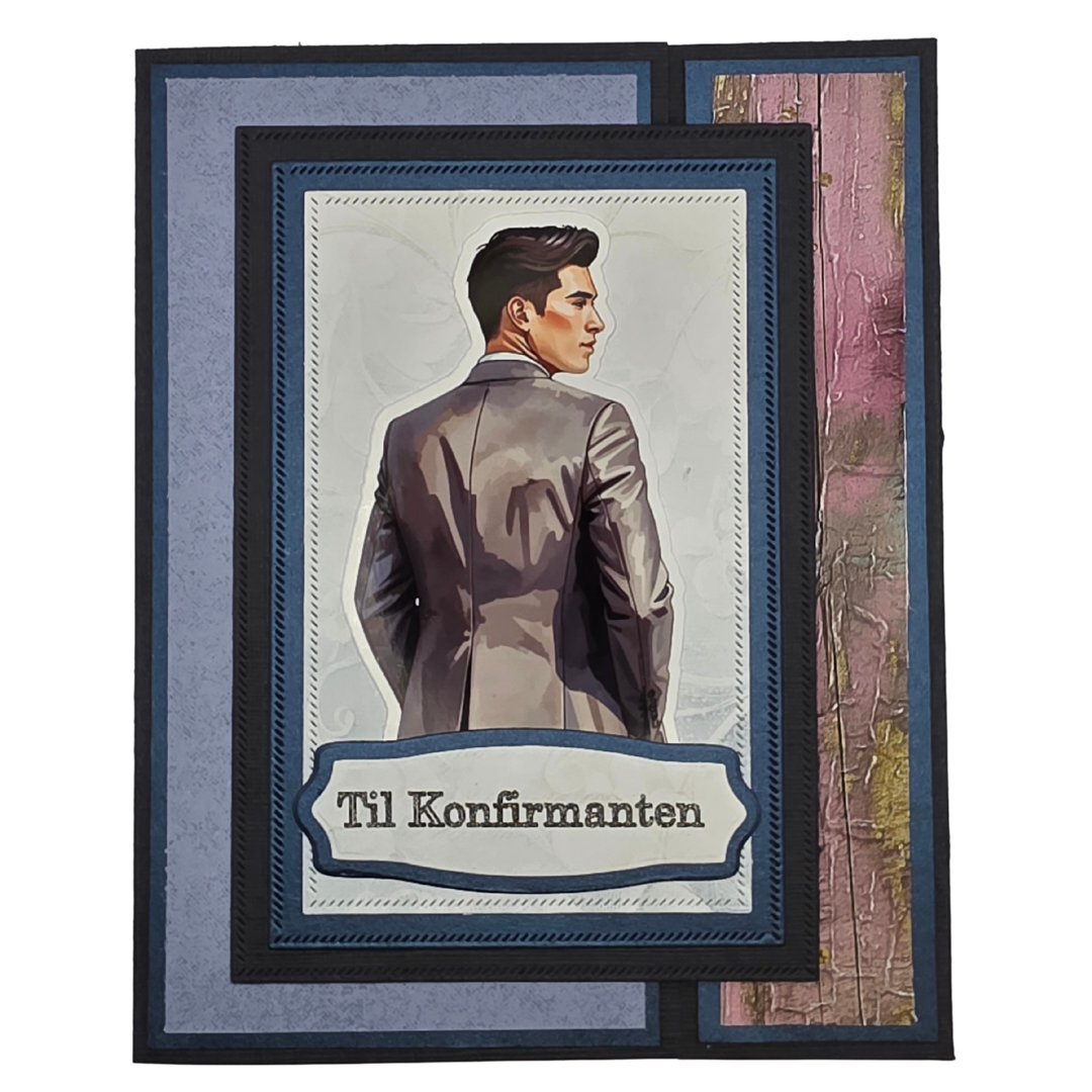 Håndlaget konfirmasjonskort – “Til Konfirmanten” (blå/sort med rosa/gull-detaljer, moderne stil)