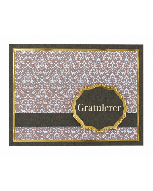 Gratulerer-kort i Elegant-serien – brunt mønster & gull (15 x 11 cm)