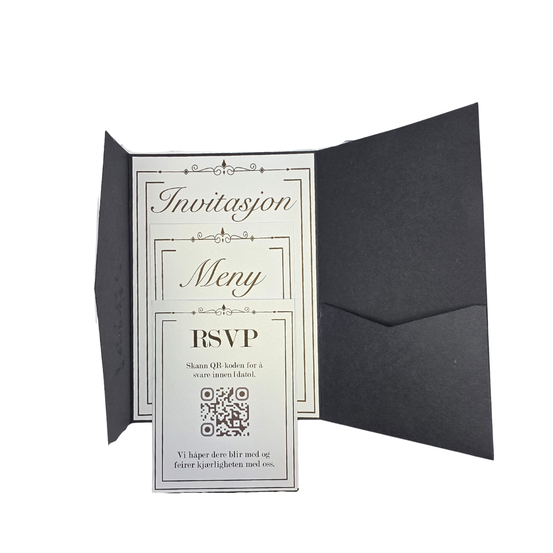 Lommeinvitasjon “Sort Eleganse” – invitasjon + meny + RSVP (QR)