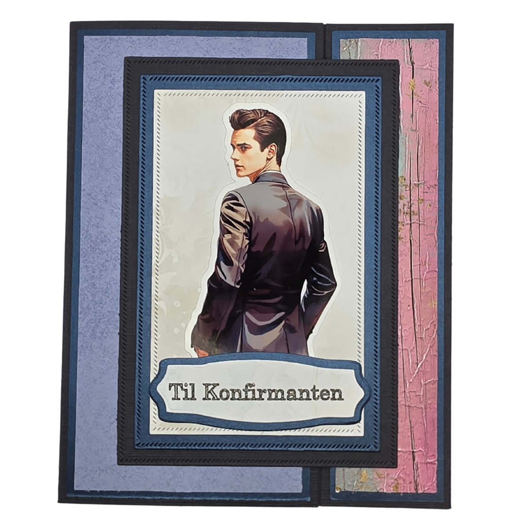 Håndlaget konfirmasjonskort – “Til Konfirmanten” (blå/sort med rosa detaljer, moderne stil)