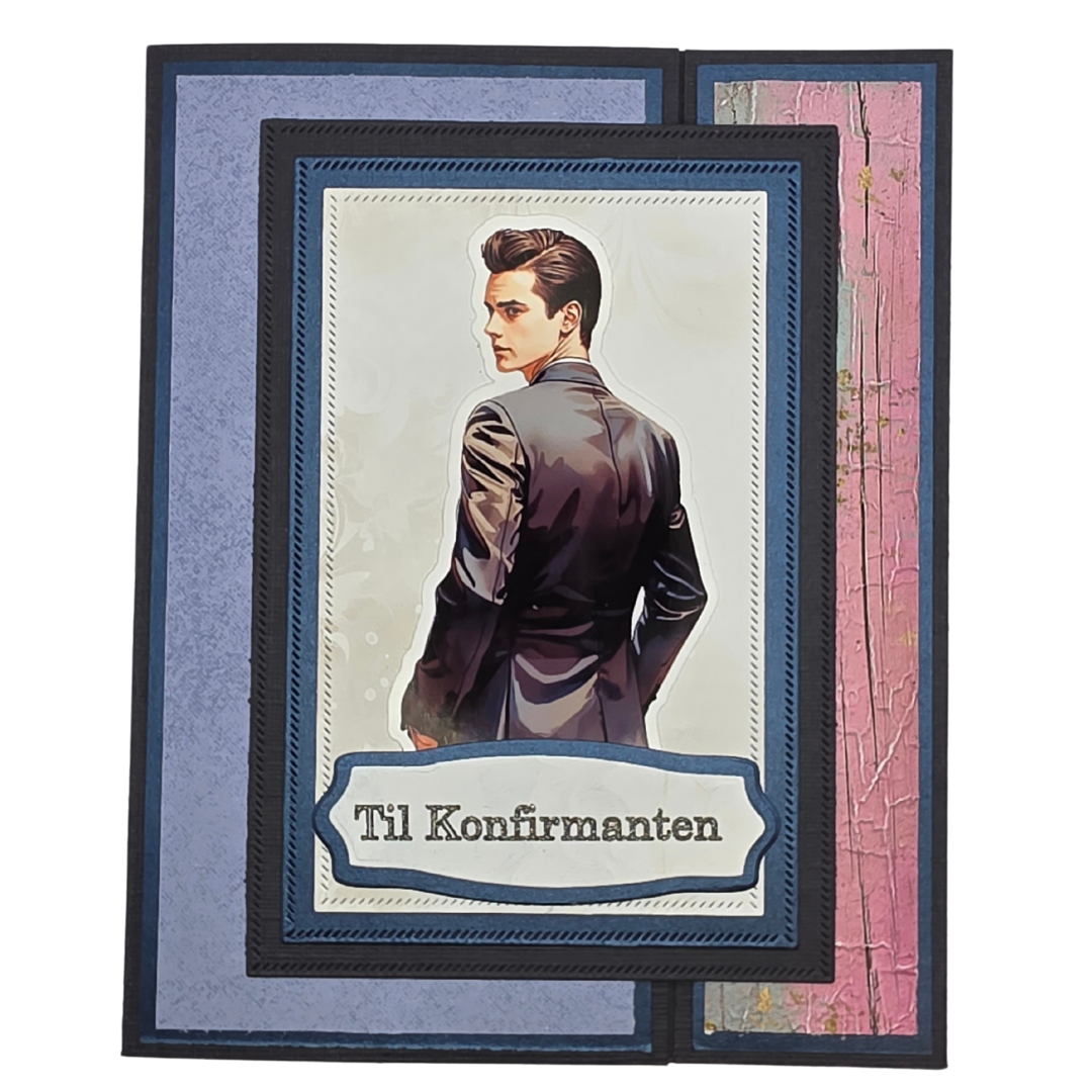 Håndlaget konfirmasjonskort – “Til Konfirmanten” (blå/sort med rosa detaljer, moderne stil)