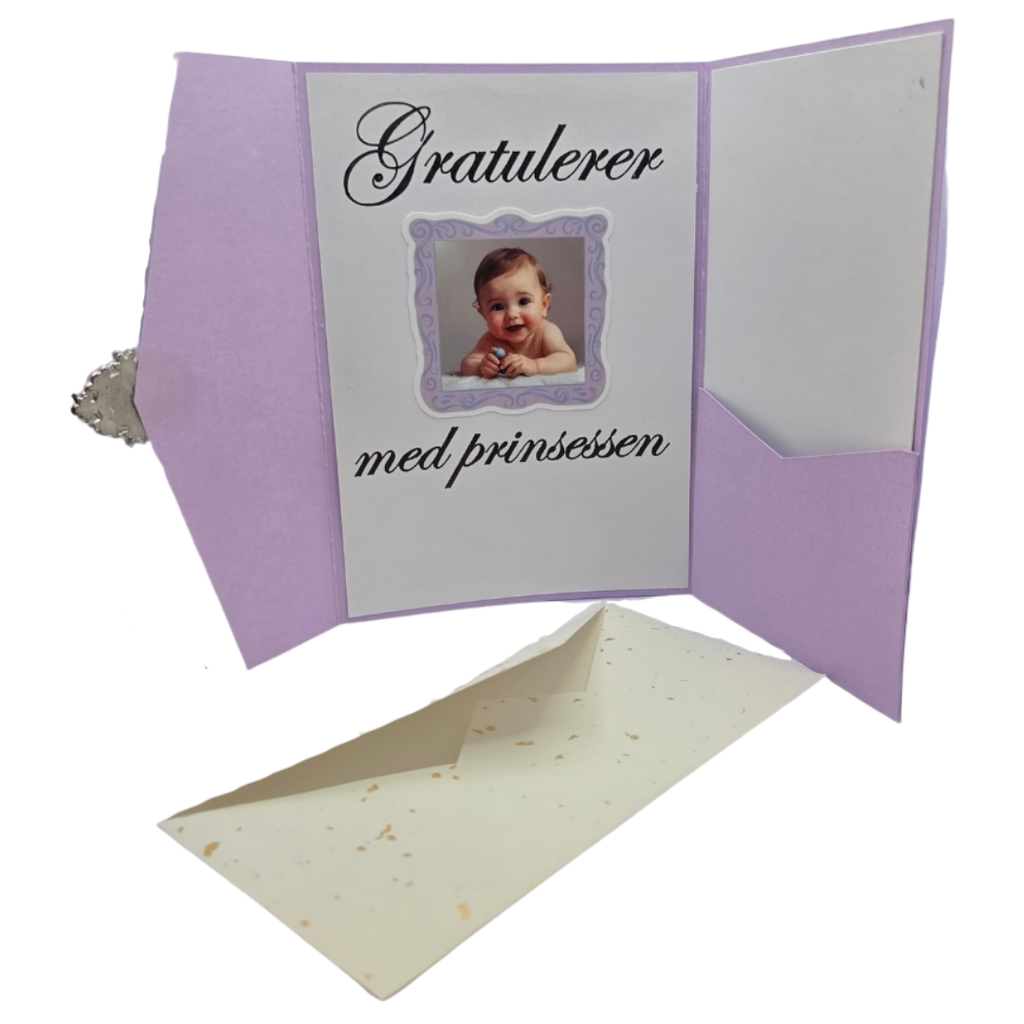 Dåpskort “Prinsesse” – håndlaget med perlemorark og lomme