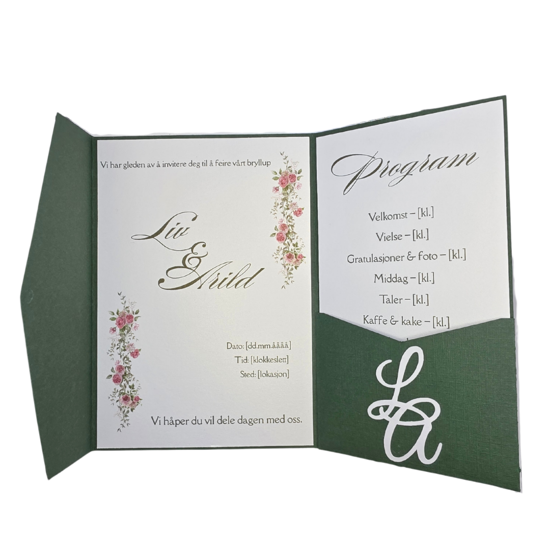 Lommeinvitasjon “Eukalyptus” – personlig med monogram (invitasjon + program)