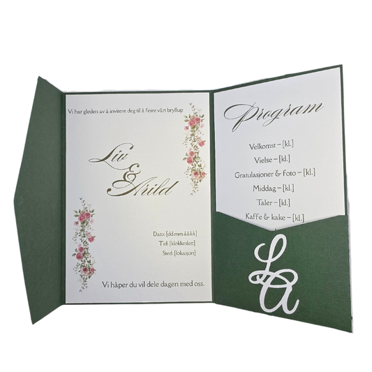 Lommeinvitasjon “Eukalyptus” – personlig med monogram (invitasjon + program)