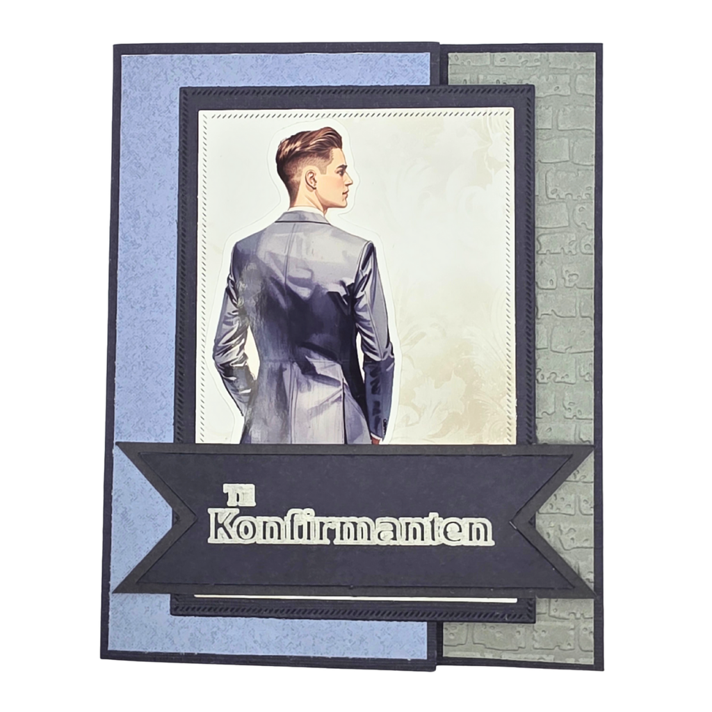 Håndlaget konfirmasjonskort – “Til Konfirmanten” (blå/grå, staffeli/easel-kort)