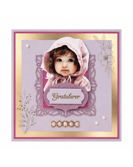 Gratulerer-kort – baby/nyfødt i rosa & gull (15 x 15 cm)