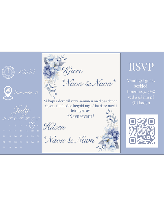 Brettet invitasjon “Blå bukett” – alt-i-ett med RSVP (QR) + konvolutt