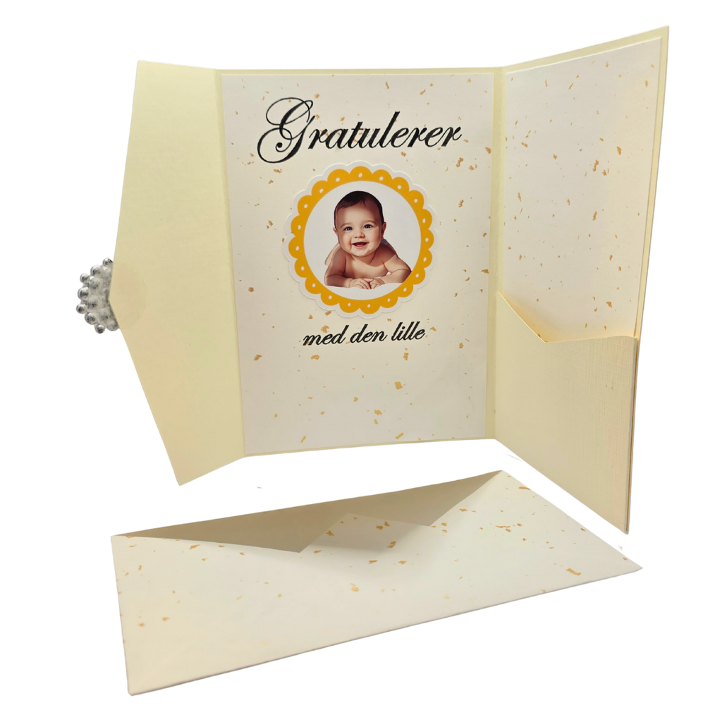 Dåpskort “Krem & Gull” – håndlaget med lomme