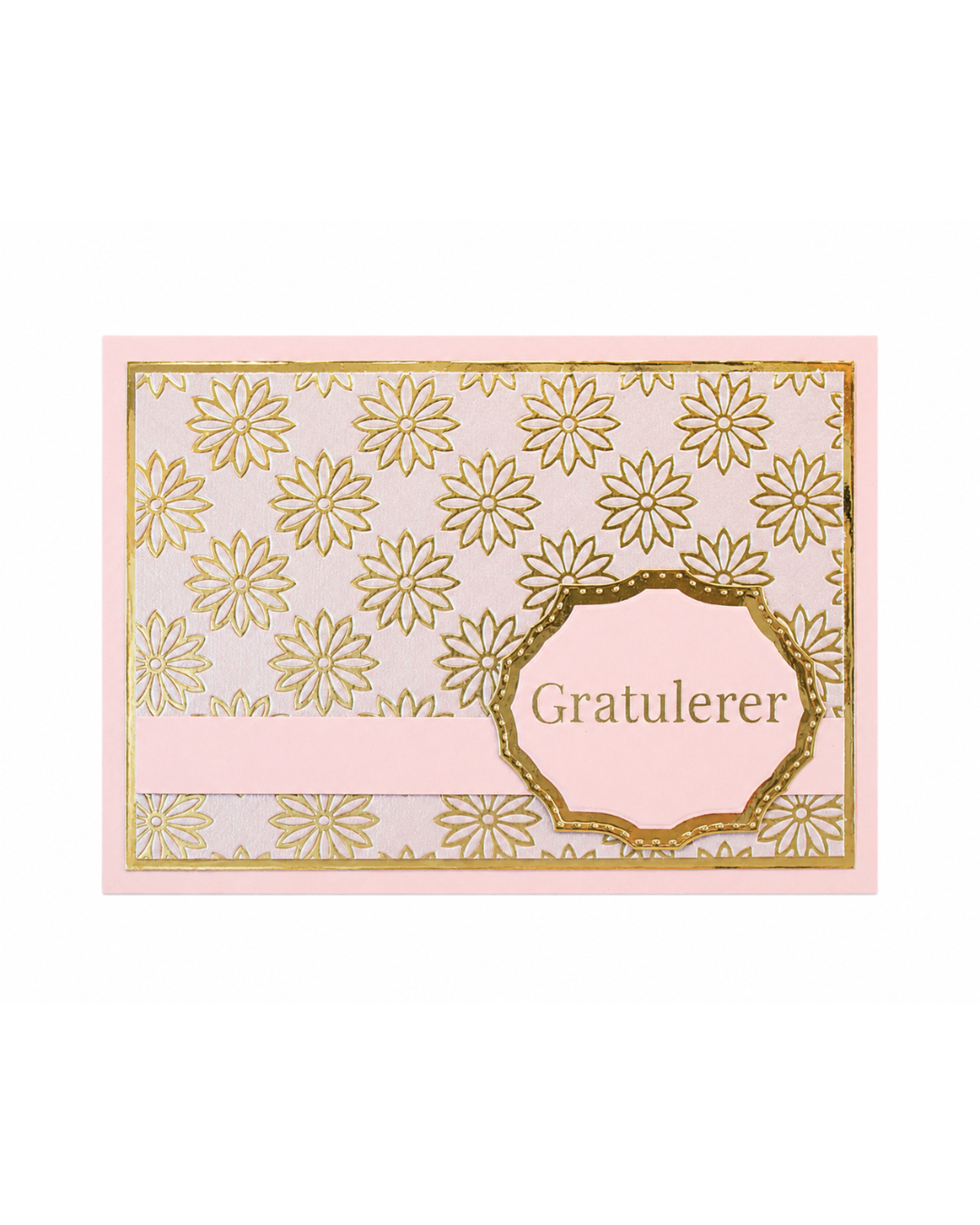 Gratulerer-kort i Elegant-serien – rosa & gullblomster (15 x 11 cm)
