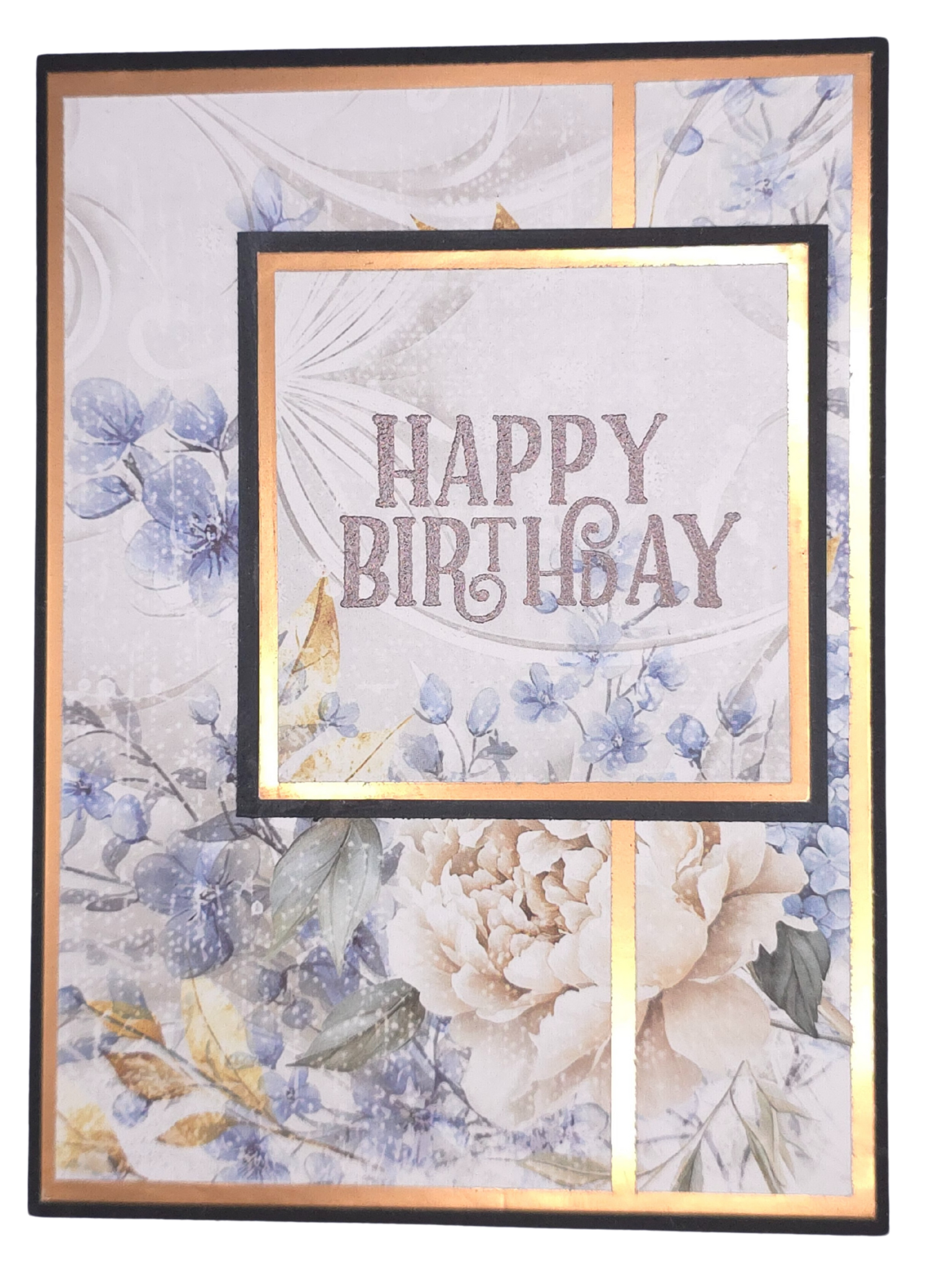 Bursdagskort – Blå blomster & gull