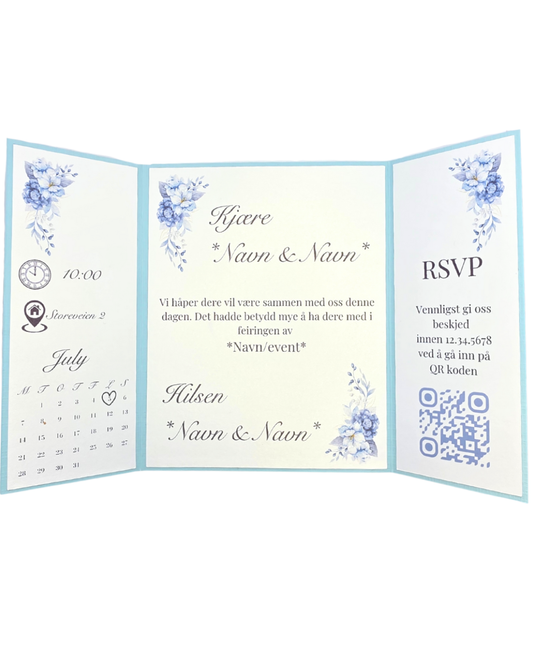 Brettet invitasjon “Blå blomster” – med RSVP (QR) + konvolutt