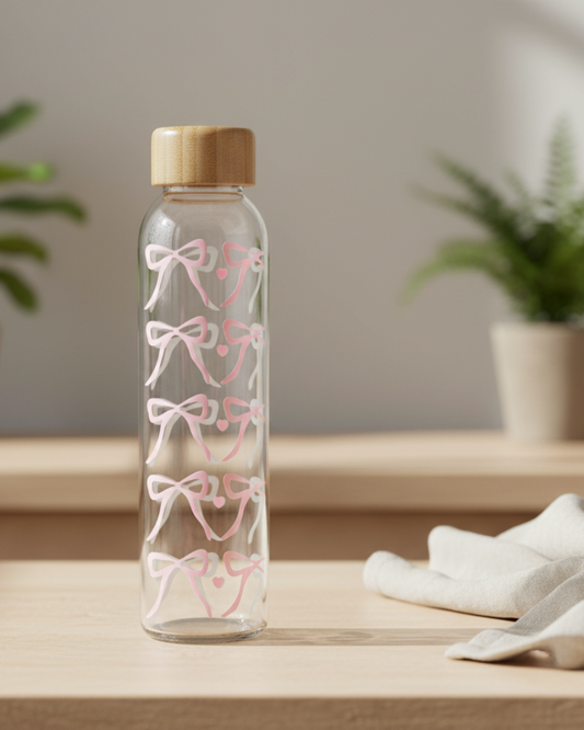 Glassflaske med bambuslokk – Rosa sløyfer (0,5 L / 1,2 L)