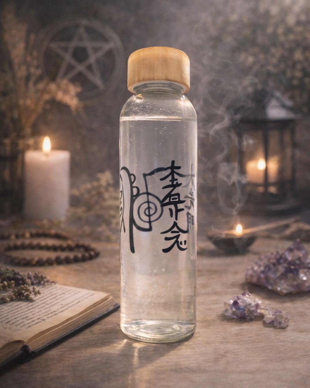 Glassflaske med bambuslokk – Reiki-symbol / valgfritt symbol (0,5 L / 1,2 L)