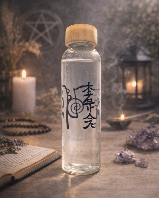 Glassflaske med bambuslokk – Reiki-symbol / valgfritt symbol (0,5 L / 1,2 L)