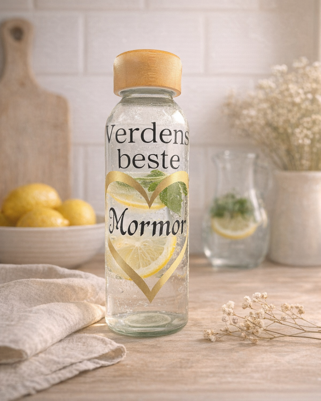 Verdens beste [navn/rolle] – glassflaske med bambuslokk