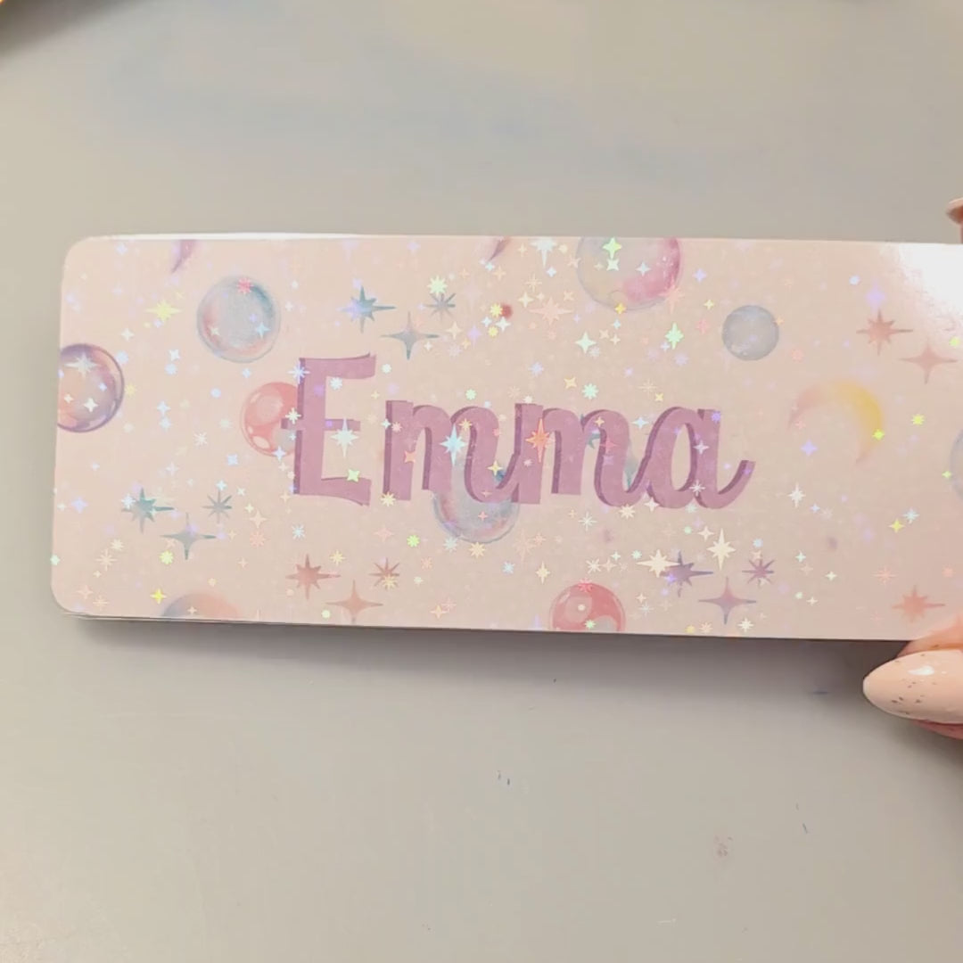 Bokmerke – personlig med navn (holografisk stjerneeffekt) | 6 x 15 cm
